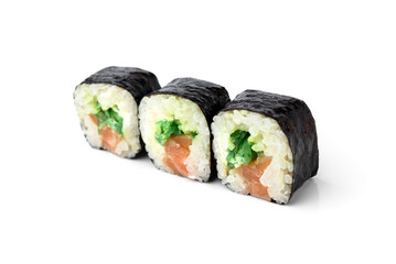Sishi roll with salmon isolated on white background.