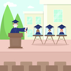 Outdoor university graduate ceremony. Teacher in medical face mask presents diploma to students on scene. Online virtual graduation video conference in laptop. Coronavirus concept vector illustration.