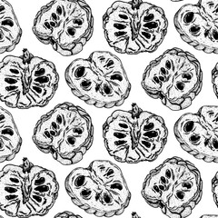 Vector hand drawn seamless pattern of cherimoya. Sugar apple pattern. Tropical objects. Use for restaurant, menu, smoothie bowl, market, store, party decoration, meal