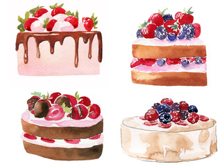 Watercolor illustration set berry delicious cakes