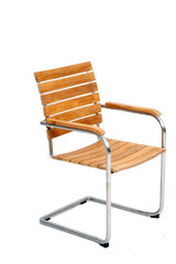 Holzstuhl mit Freischwinger  vor weissem Hintergrund fotografiert