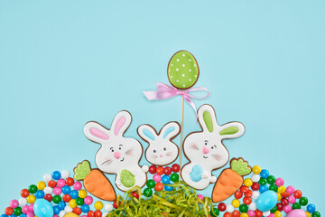 Top view of homemade cookies in shape of egg and rabbit