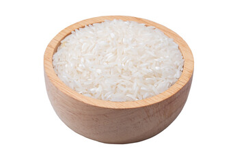 Rice in a wooden cup on a white background