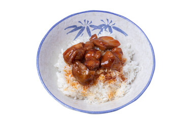Japanese Oriental Cusine; Rice with teriyaki chicken grilled or teriyaki don in Japanese style