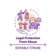 Legal protection from abuse concept icon. Domestic violence survivors support. Rules to grant people rights idea thin line illustration. Vector isolated outline RGB color drawing. Editable stroke