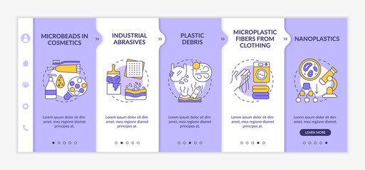 Microplastics sources onboarding vector template. Responsive mobile website with icons. Web page walkthrough 5 step screens. Industrial abrasives color concept with linear illustrations