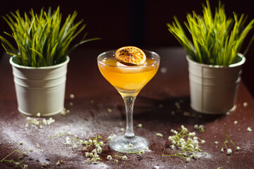 A cold cocktail standing on the table.