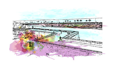 Building view with landmark of Palma is a resort city and capital of the Spain. Watercolour splash with hand drawn sketch illustration in vector. © dhanu3182
