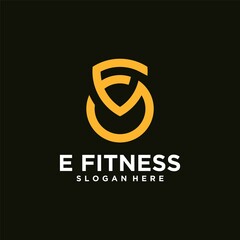 Obraz premium E fitness logo logo with Kettlebell fitness vector icon design and Barbell Fitness Gym Logo Design
