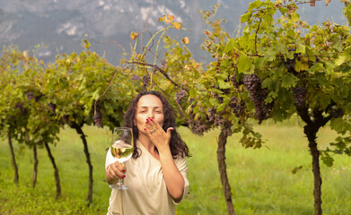 Young woman with a glass of white wine in the vineyards of Italy. Person pouring wine. Free space...