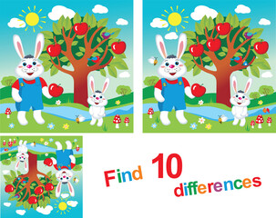 Rabbits by the river.Find 10 differences.Children's educational game.