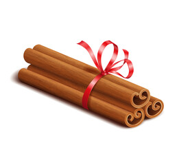 Realistic spices, cinnamon sticks with red bow isolated on white