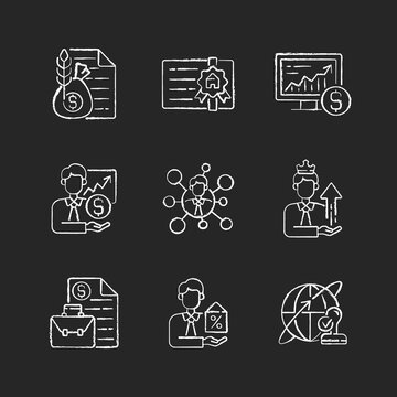 Financial advisor chalk white icons set on black background. Commodity broker services. Professional license. Online stock trading. Business contract. Isolated vector chalkboard illustrations