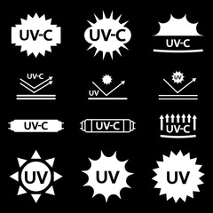 UV sterilization stamp. Protection from uv-c radiation. Badge set for ultraviolet sterilization. Ultraviolet germicidal irradiation. Surface cleaning, medical decontamination procedure