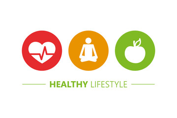 healthy lifestyle icons heart yoga and apple