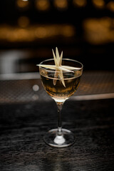 great view of beautiful glass with delicious alcoholic drink decorated with plant