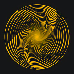 Yellow abstract rotated speed lines in spiral form. Gray background. Trendy design element for frame, technology logo, sign, symbol, web, prints, posters, template, pattern and abstract background