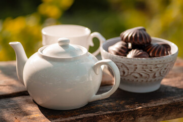 Fototapeta na wymiar Teapot, marshmallow in chocolate, wooden table. Outdoor breakfast, picnic, brunch, spring mood. Soft focus