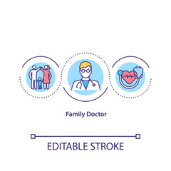 Family doctor concept icon. Special medical help for all members of family. Treating diseases idea thin line illustration. Vector isolated outline RGB color drawing. Editable stroke