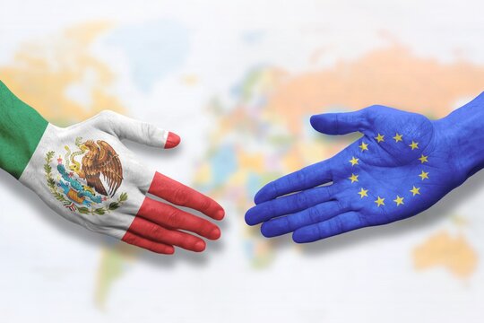 Mexico and European Union - Flag handshake symbolizing partnership and cooperation