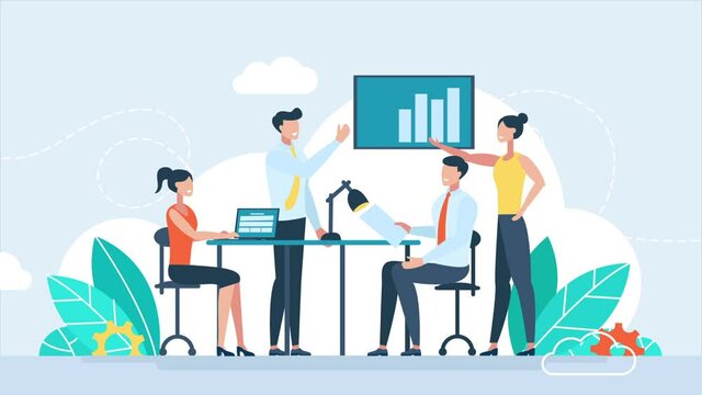 Workplace, Teamwork, Illustration, workers are sitting at the negotiating table, collective thinking and brainstorming, company information analytics. Growing graph. 2d flat finance animation.
