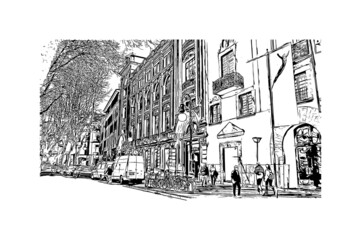 Building view with landmark of Palma is a resort city and capital of the Spain. Hand drawn sketch illustration in vector. © dhanu3182