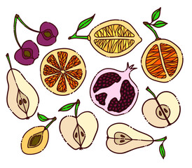 Collection of fresh fruits: apple, pear, cherries, plum, lemon, orange, pomegranate. Hand drawn illustration for cafe, restaurant, menu