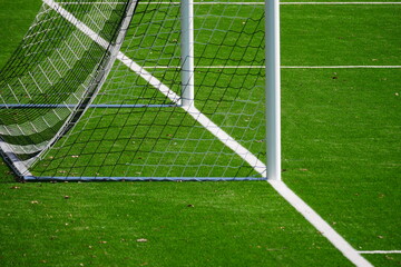 close up of a soccer goal with penalty area on green grass and white lines