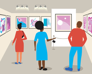 Multicultural people at a contemporary art exhibition, flat vector stock illustration as a concept of abstract paintings in an art gallery with abstraction