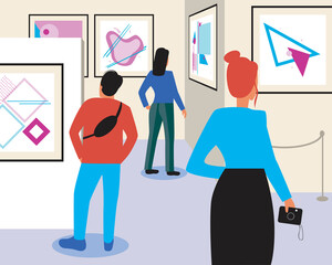 Tourists at an exhibition of contemporary art, flat vector stock illustration as a concept of abstract paintings in an art gallery or museum
