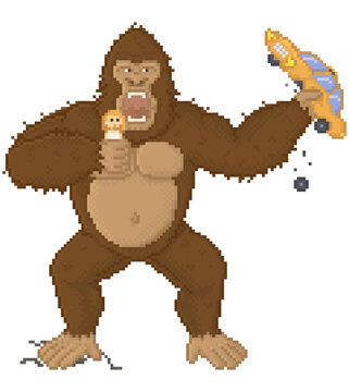 King kong in pixel game layout design. Gorilla attacks humanity, holds girl and car in his hands