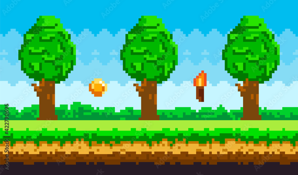 Aufkleber pixel-game background with coins flying in sky. pixel art game scene with green grass and tall trees