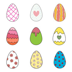 set of decorated colorful painted Easter eggs, heart, diagonal line pattern, paint, flowers, circles, spots and wavy lines