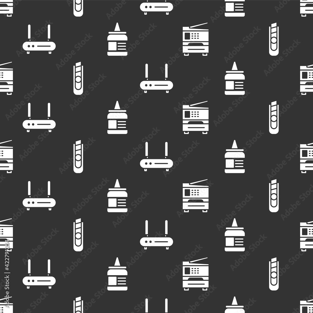 Poster set printer, stationery knife, router and wi-fi signal and glue on seamless pattern. vector