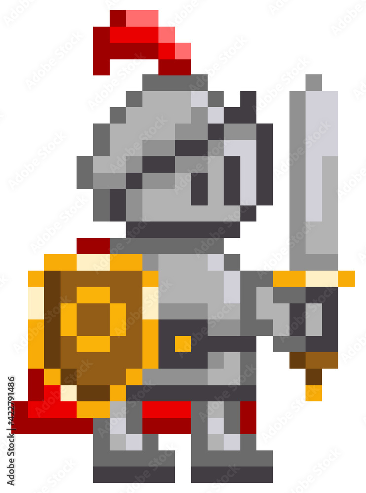 Poster vector pixel-game character. illustration of pixelated man with shield and sword on white background