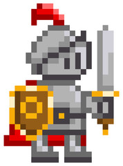 Fototapeta premium Vector pixel-game character. Illustration of pixelated man with shield and sword on white background