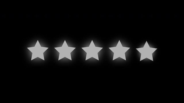 Five star rating review on black alpha channel background. Five illuminated silver and golden glittering stars feedback on black background