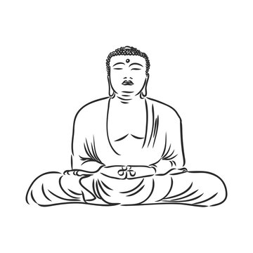 Decorative buddha in lotus position in ornamental cloth sketch vector illustration