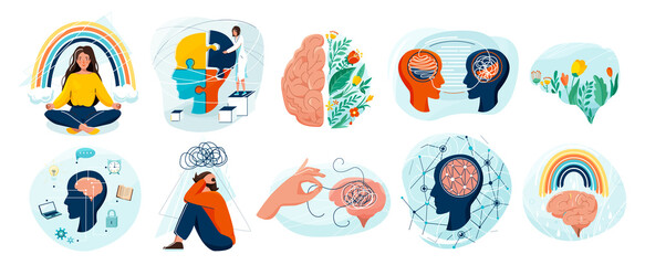 Mental health set vector background. Collection of different illustration with sad and happy people, two side brain, doctor add together puzzle of human head, psychotherapy, connection mind concept