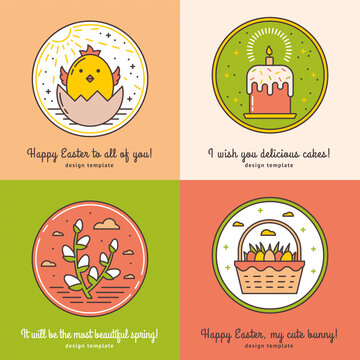 Set of Easter Elements Collection of Templates for Postcard, Gift Tag, Mail Letterhead, Web Design and Advertising with Copyspace. Cute Easter Celebration Symbols Drawn in Linear style