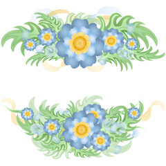 2 floral wreath with blue flowers. Hand drawn frame border.