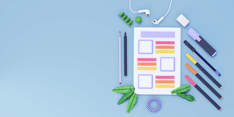 Obraz premium A school / creative minimalist diary for writing in pastel colors. Pens, pencils, and markers. Headphones and leaves. 3d