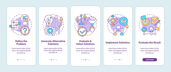 Fototapeta na wymiar Problem solving steps onboarding mobile app page screen with concepts. Decision making process walkthrough 5 steps graphic instructions. UI, UX, GUI vector template with linear color illustrations