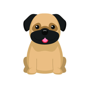 Pug. Vector illustration of cute sitting dog in flat style. Isolated on white