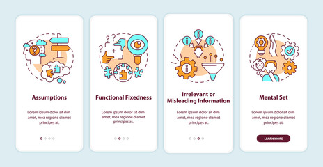 Problem solving obstacles onboarding mobile app page screen with concepts. Mental block walkthrough 5 steps graphic instructions. UI, UX, GUI vector template with linear color illustrations