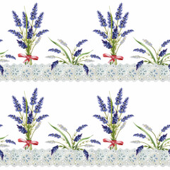 Fototapeta na wymiar Seamless watercolor striped pattern of the finest delicate Richelieu lace with Provence-style bouquets of lavender flowers and wild clover flowers and wild herbs. 