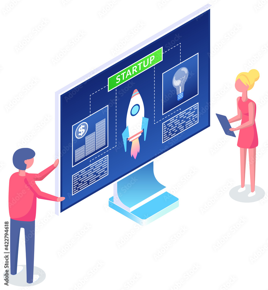 Poster employees look at startup presentation. project at computer screen. team launch rocket of business