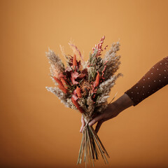 Bright trendy composition of dried flowers, home decor, a long-lasting gift of flowers and herbs