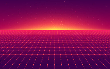 Abstract perspective red violet grid. Retro futuristic neon line on dark background, 80s design perspective distorted plane landscape composed of crossed neon lights and laser beams. Vector EPS10 - obrazy, fototapety, plakaty