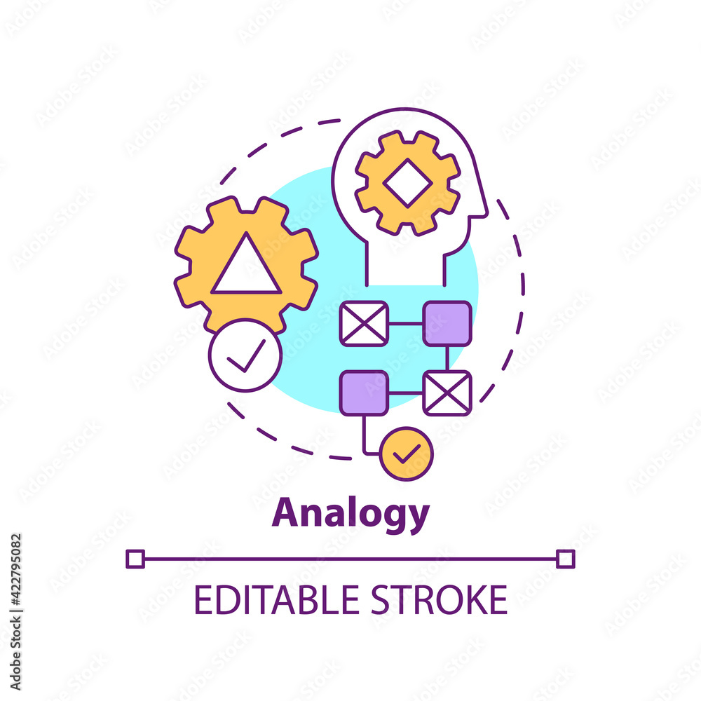 Poster analogy concept icon. searching for solution. analysis method, evaluation step. problem solving idea